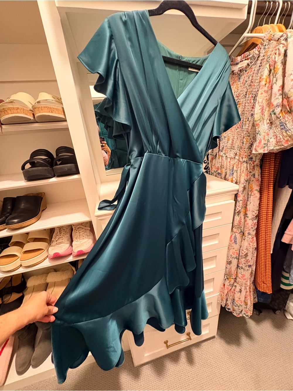 Ivy City Co Teal Satin Asymmetrical Ruffle Wrap Dress
